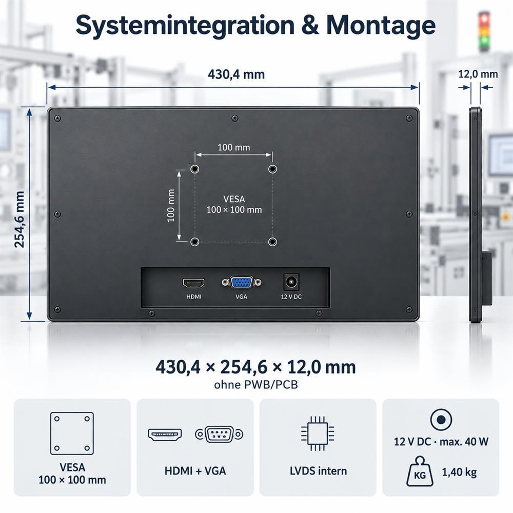 Rückseite des 18,5 Zoll Touchmonitors mit VESA, HDMI, VGA und LVDS