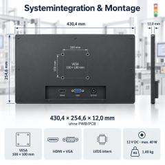 Rückseite des 18,5 Zoll Touchmonitors mit VESA, HDMI, VGA und LVDS