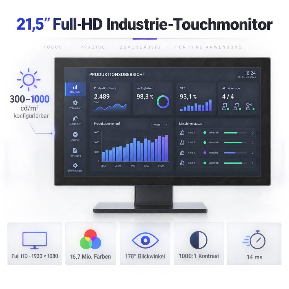 21,5 Zoll Full-HD Touchmonitor mit 300 bis 1000 cd/m² und 178 Grad Blickwinkel