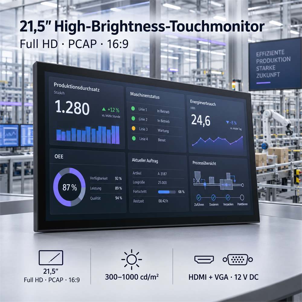 21,5 Zoll High-Brightness Industrie Touchmonitor mit Full HD und PCAP