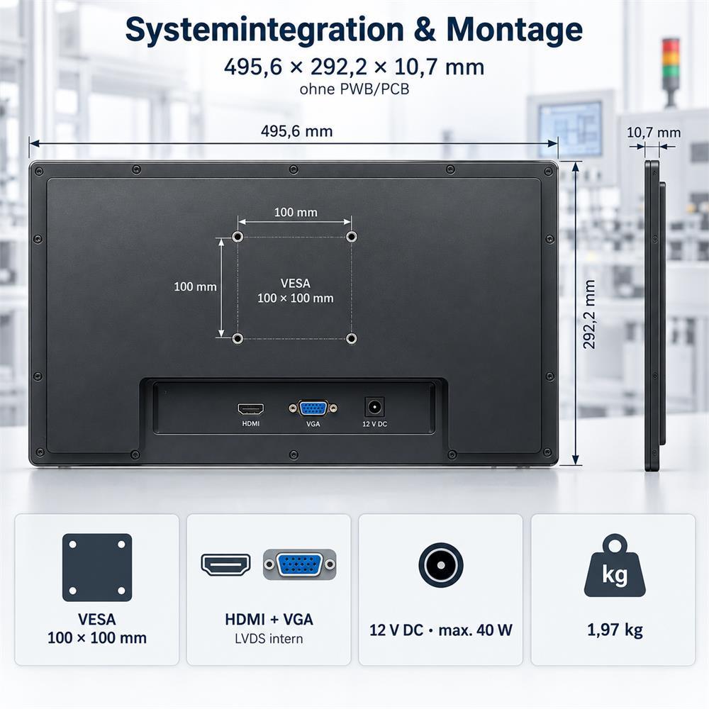 Rückseite des 21,5 Zoll Touchmonitors mit VESA, HDMI, VGA und LVDS