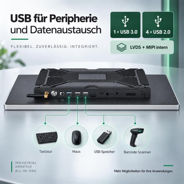 15,6 Zoll Android Panel-PC mit USB 3.0, USB 2.0 sowie interner LVDS- und MIPI-Schnittstelle