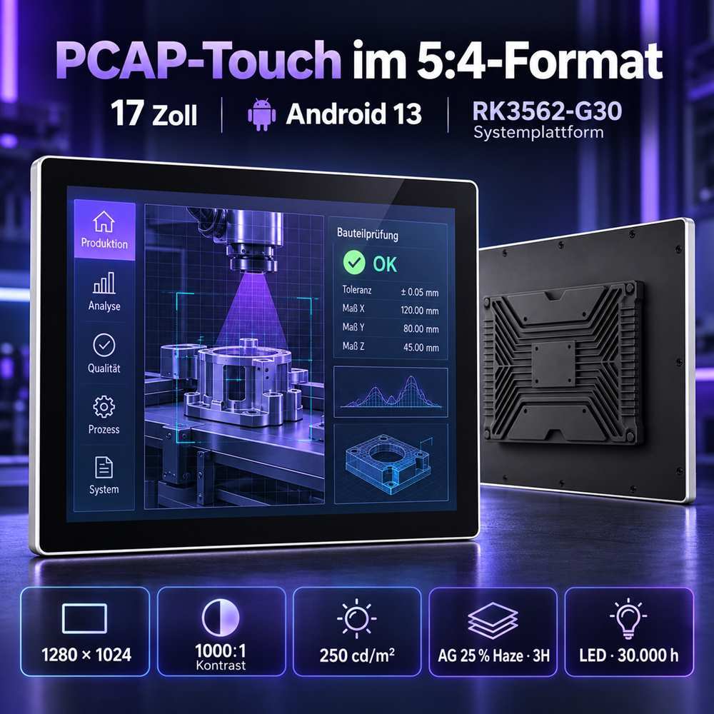 17 Zoll Android Panel-PC mit PCAP, 1280 × 1024 und entspiegelter 3H-Oberfläche