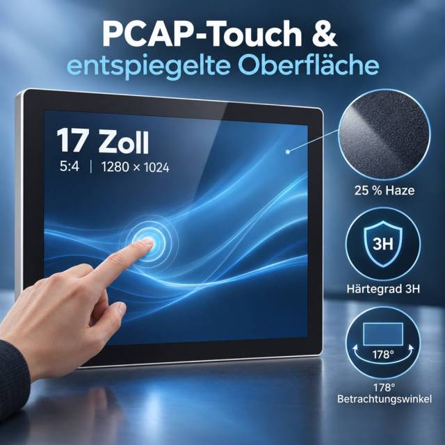 17 Zoll PCAP-Touchmonitor mit entspiegelter Oberfläche, 25 Prozent Haze und Härtegrad 3H