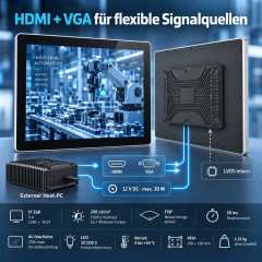 17 Zoll Touchmonitor mit HDMI, VGA und 12 V DC für externe Industrie-PCs
