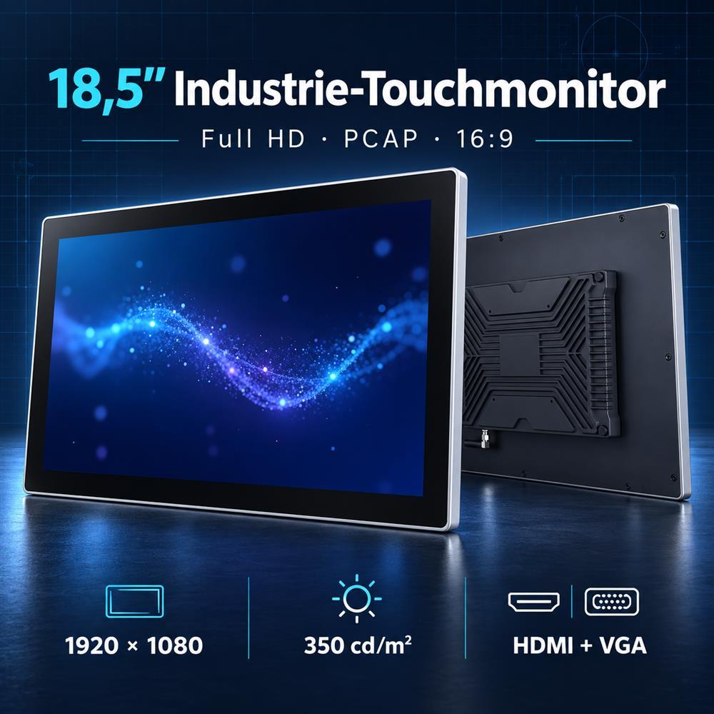 18,5 Zoll Industrie-Touchmonitor mit Full HD, PCAP sowie HDMI- und VGA-Eingängen