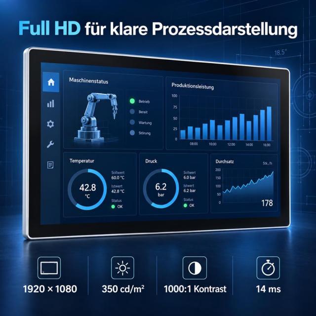 18,5 Zoll Full-HD-Touchmonitor mit 350 cd/m², 1000:1 Kontrast und 14 ms