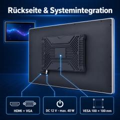 Rückseite des 18,5 Zoll Touchmonitors mit HDMI, VGA, 12 V DC und VESA 100 × 100 mm
