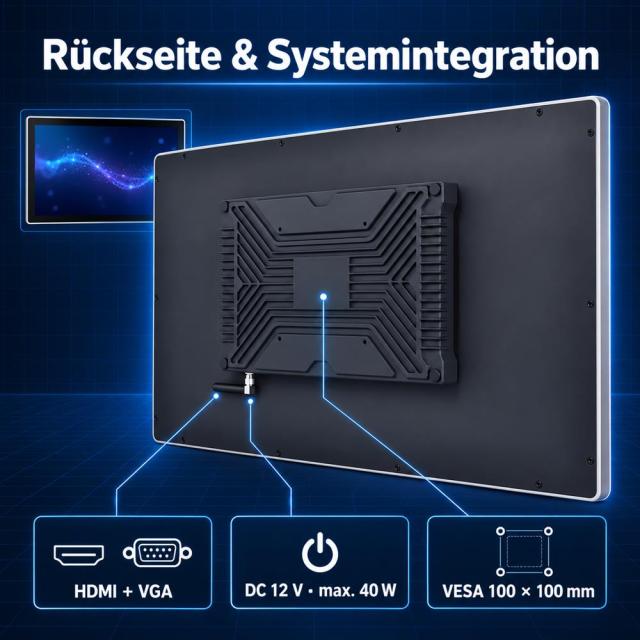 Rückseite des 18,5 Zoll Touchmonitors mit HDMI, VGA, 12 V DC und VESA 100 × 100 mm