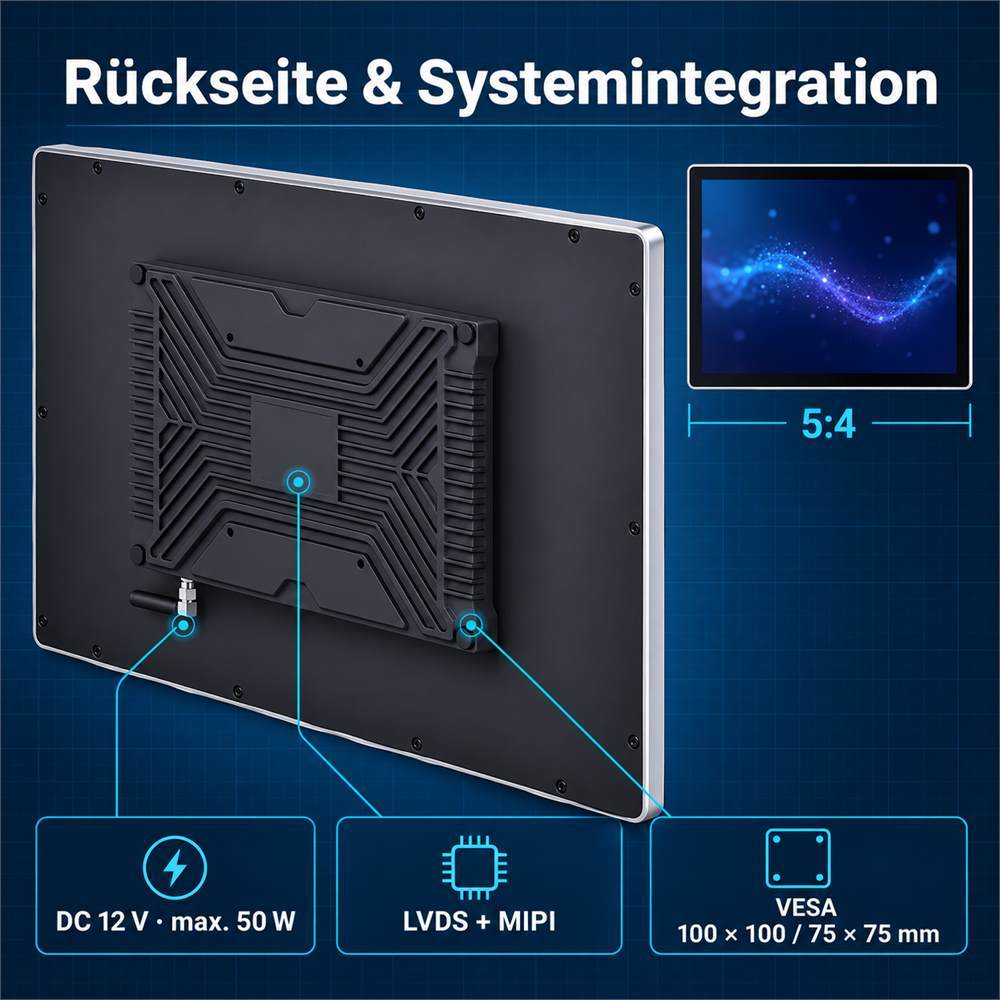 Rückseite des 19 Zoll Android Panel-PCs mit LVDS, MIPI und VESA 100 × 100 sowie 75 × 75 mm