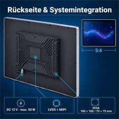 Rückseite des 19 Zoll Android Panel-PCs mit LVDS, MIPI und VESA 100 × 100 sowie 75 × 75 mm