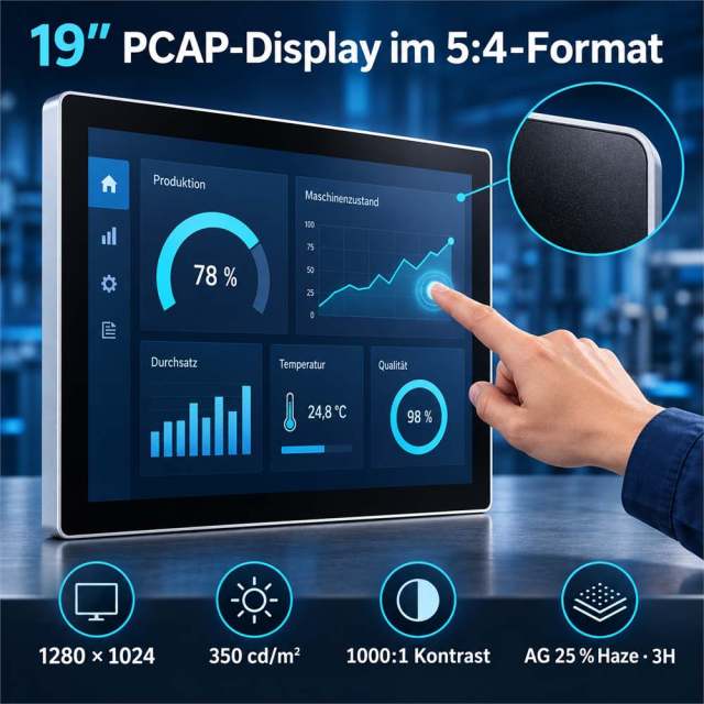 19 Zoll PCAP-Display im 5:4-Format mit 1280 × 1024, 350 cd/m² und 3H-Oberfläche