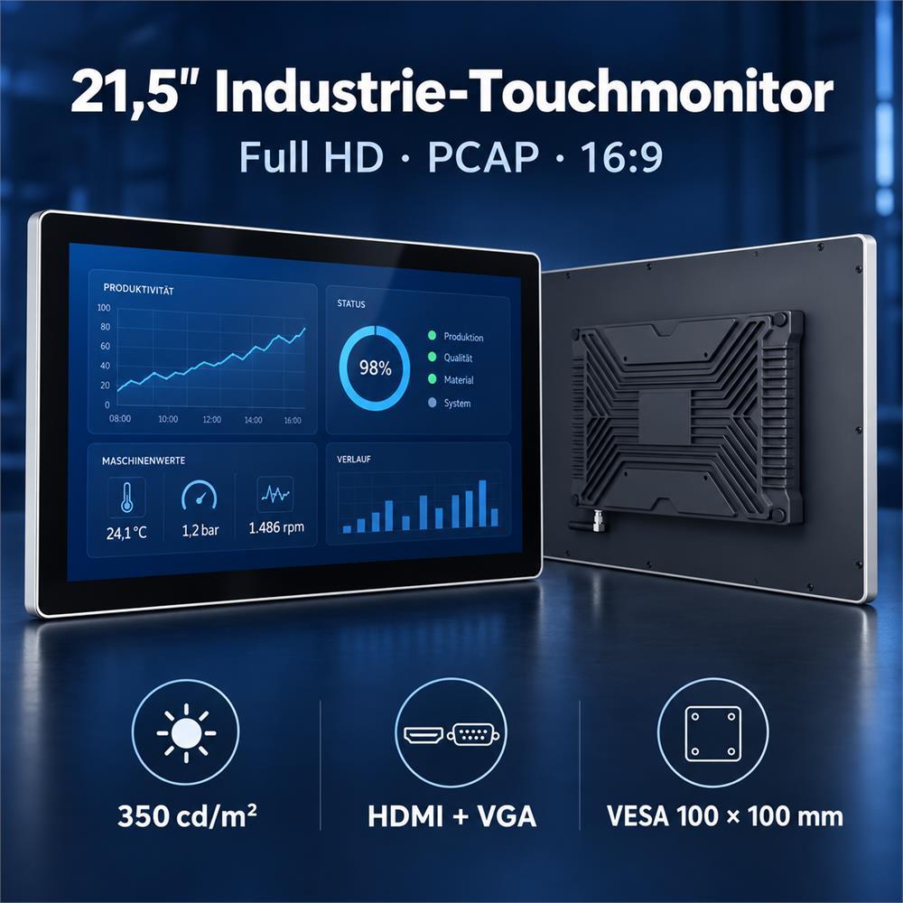 21,5 Zoll Industrie-Touchmonitor mit Full HD, PCAP, HDMI, VGA und VESA 100 × 100 mm