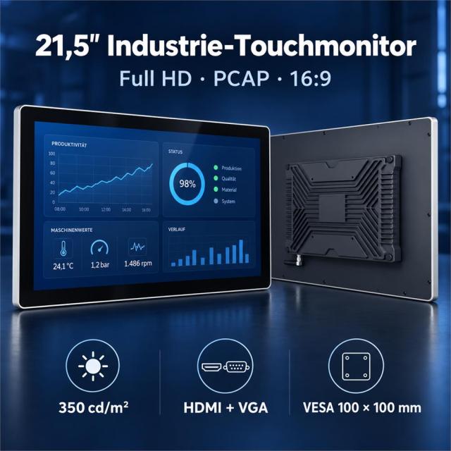 21,5 Zoll Industrie-Touchmonitor mit Full HD, PCAP, HDMI, VGA und VESA 100 × 100 mm