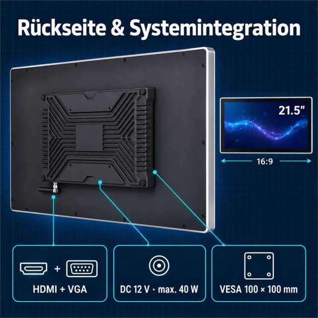 Rückseite des 21,5 Zoll Touchmonitors mit HDMI, VGA, 12 V DC und VESA 100 × 100 mm