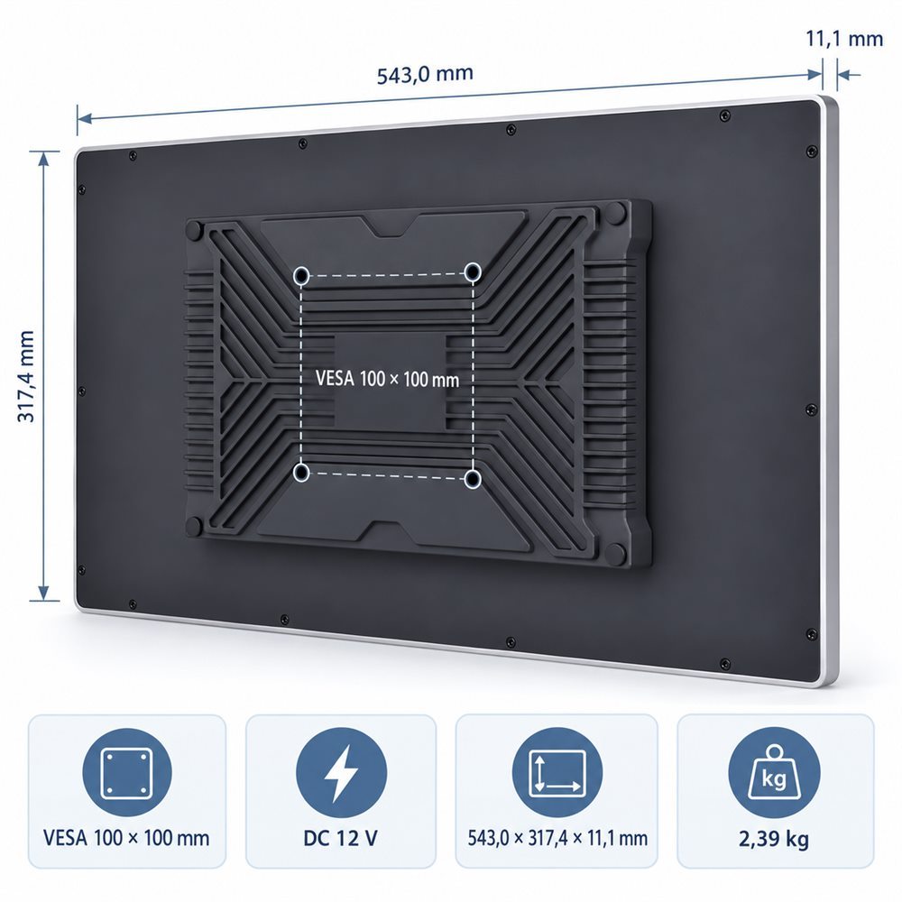 Rückseite des 23,8 Zoll Android Panel-PCs mit VESA 100 × 100 mm und DC 12 V
