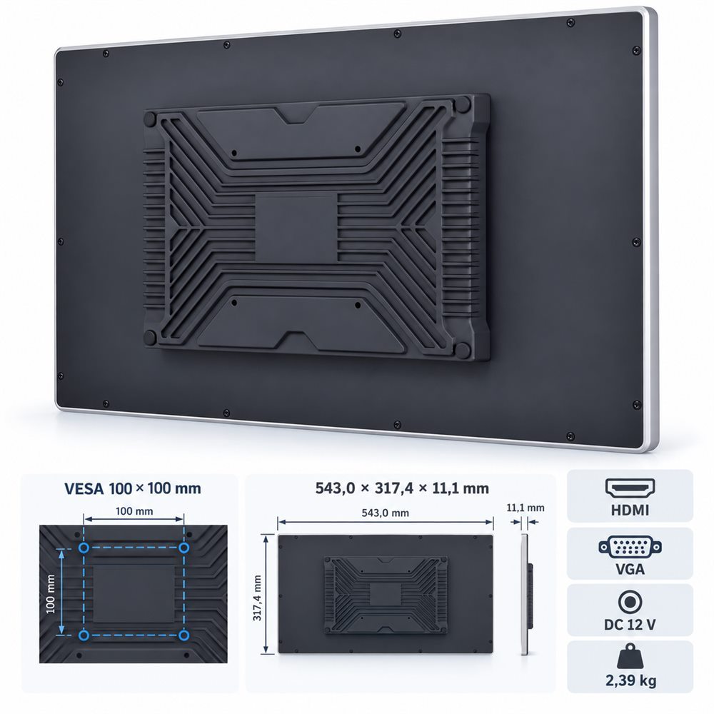 Rückseite des 23,8 Zoll Touchmonitors mit HDMI, VGA, DC 12 V und VESA 100 × 100 mm