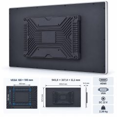 Rückseite des 23,8 Zoll Touchmonitors mit HDMI, VGA, DC 12 V und VESA 100 × 100 mm