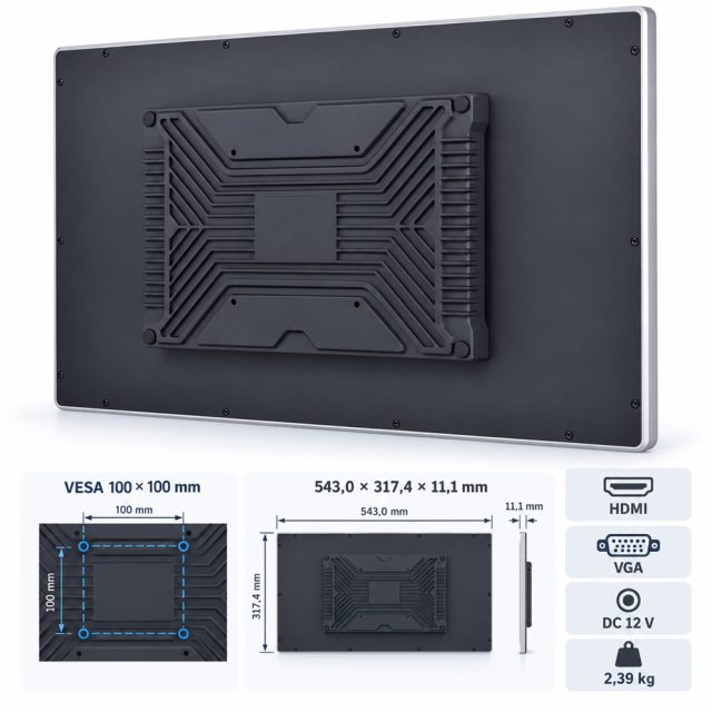 Rückseite des 23,8 Zoll Touchmonitors mit HDMI, VGA, DC 12 V und VESA 100 × 100 mm