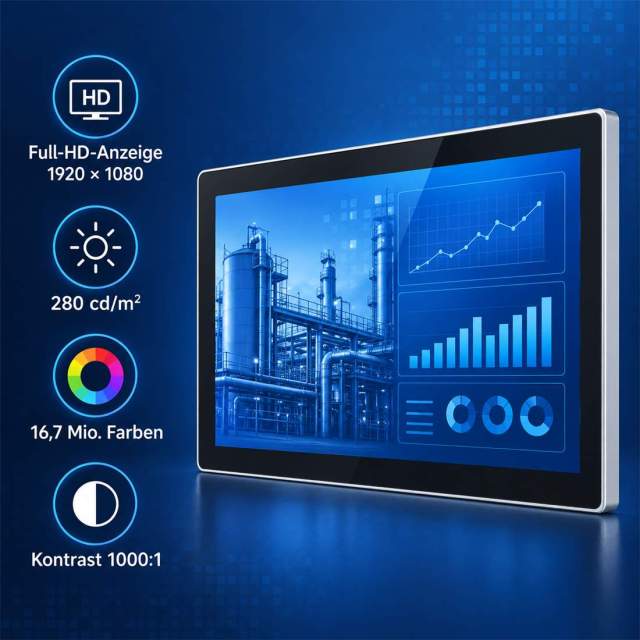15,6 Zoll Full-HD-Touchmonitor mit 1920 × 1080 Pixeln, 280 cd/m² und 1000:1 Kontrast