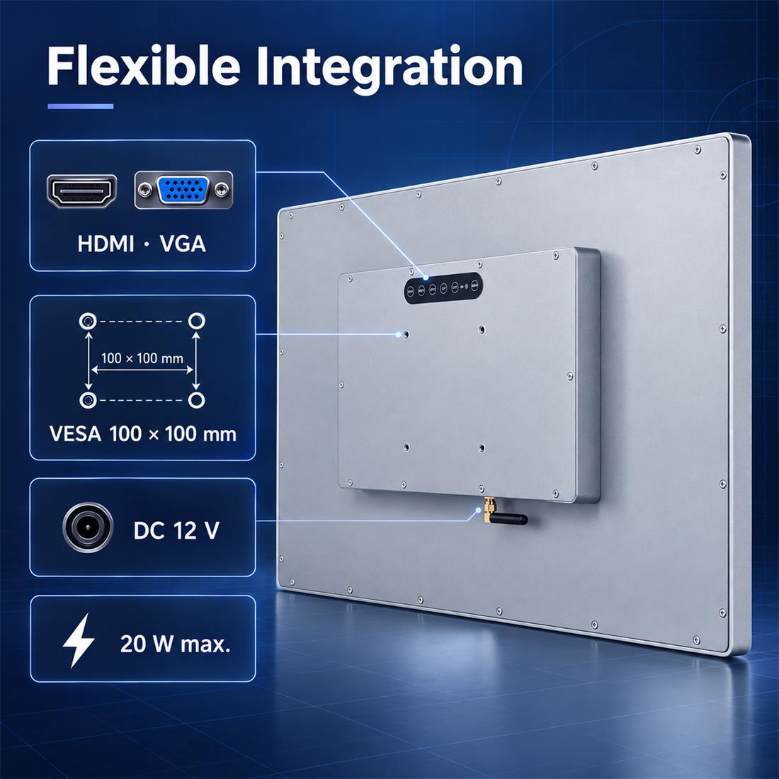 15,6 Zoll Industrie-Touchmonitor mit HDMI, VGA, DC 12 V und VESA 100 × 100 mm
