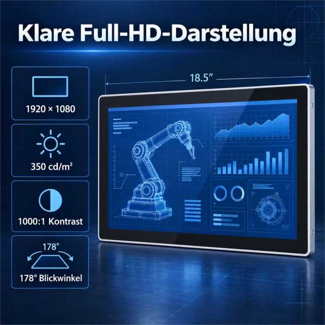 18,5 Zoll Full-HD Industrie-Touchmonitor mit 350 cd/m² Helligkeit und 178 Grad Blickwinkel