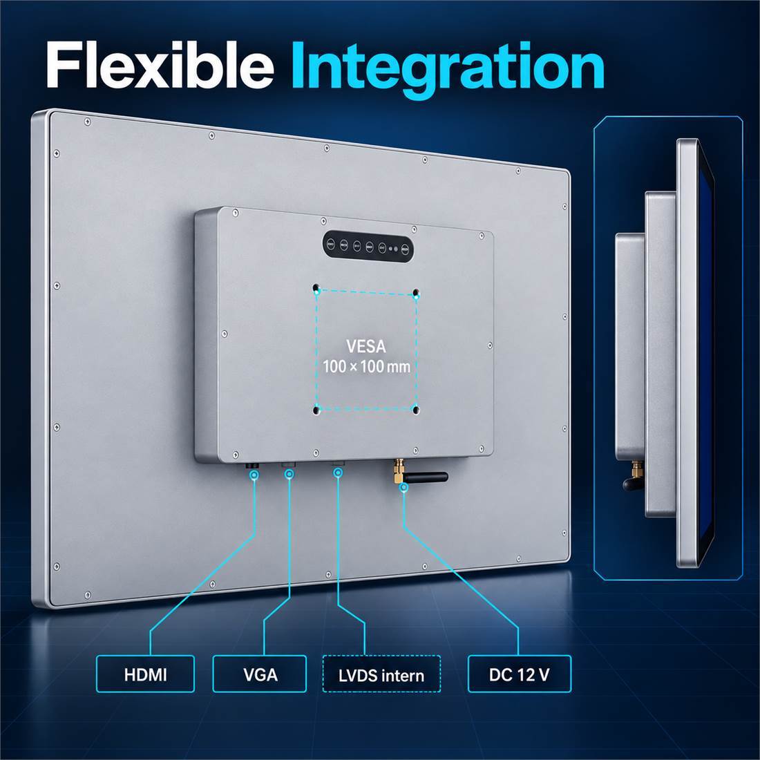 Rückseite des 18,5 Zoll Industrie-Touchmonitors mit HDMI, VGA, LVDS, DC 12 V und VESA 100 × 100 mm
