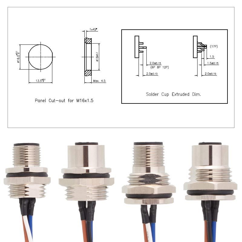 M12 Panel Mount Feed Through A-coded Wire Connectors