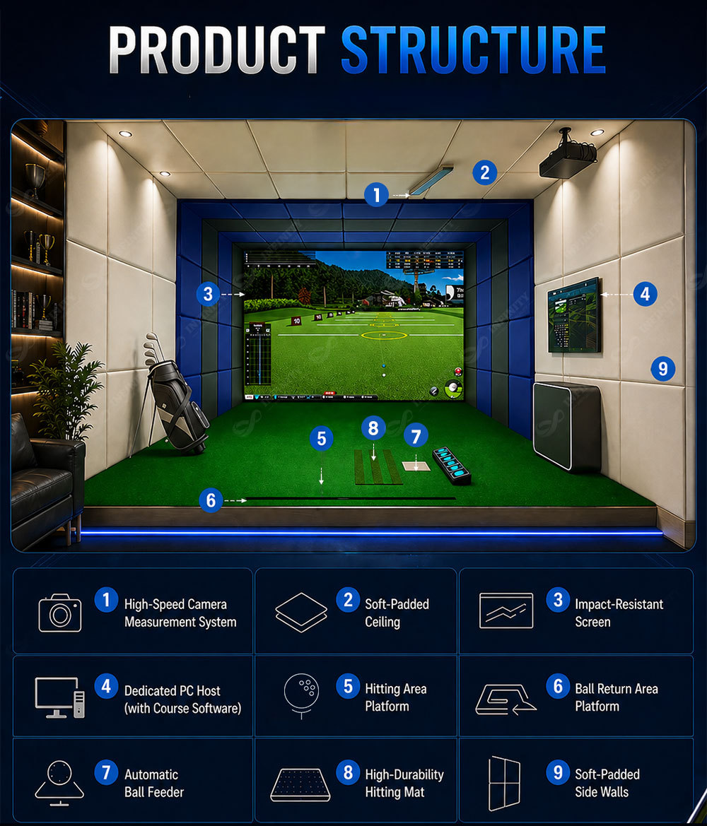 Professional Training Commercial Use Indoor AR Golf Simulator Full Set With High-Speed Camera Detector 4K Laser Projector
