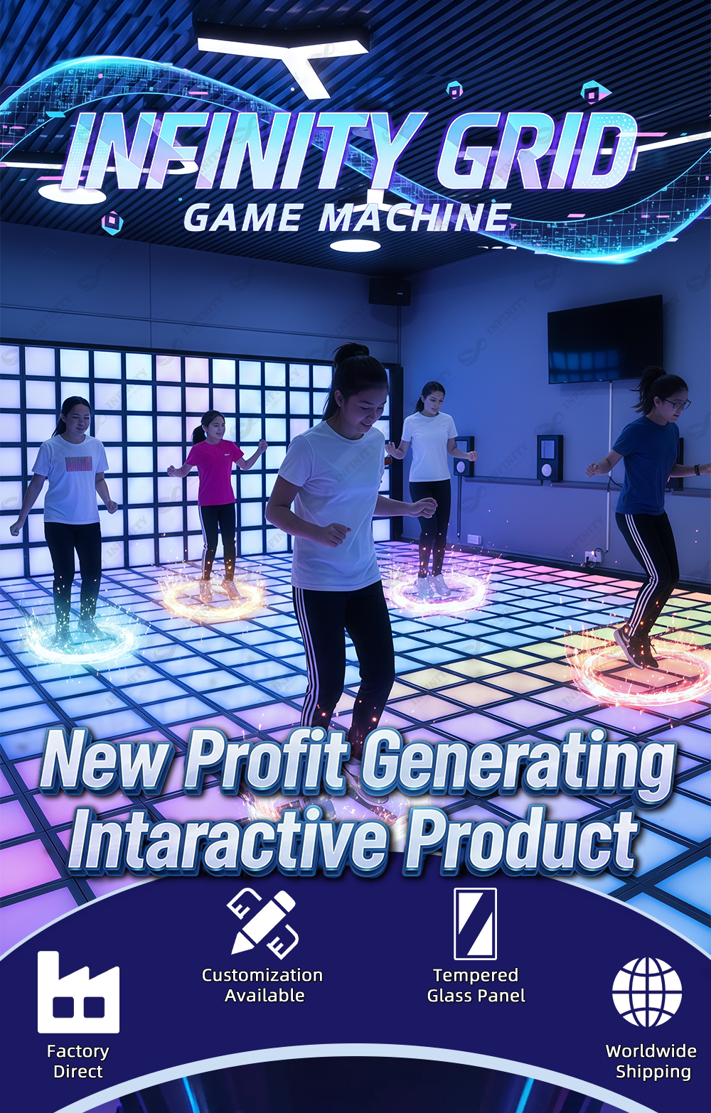 Infinity Grid LED Dance Floor Game, Interactive Light up Jumping Tiles for Party Room & Event Rental, Multiplayer Challenge Game