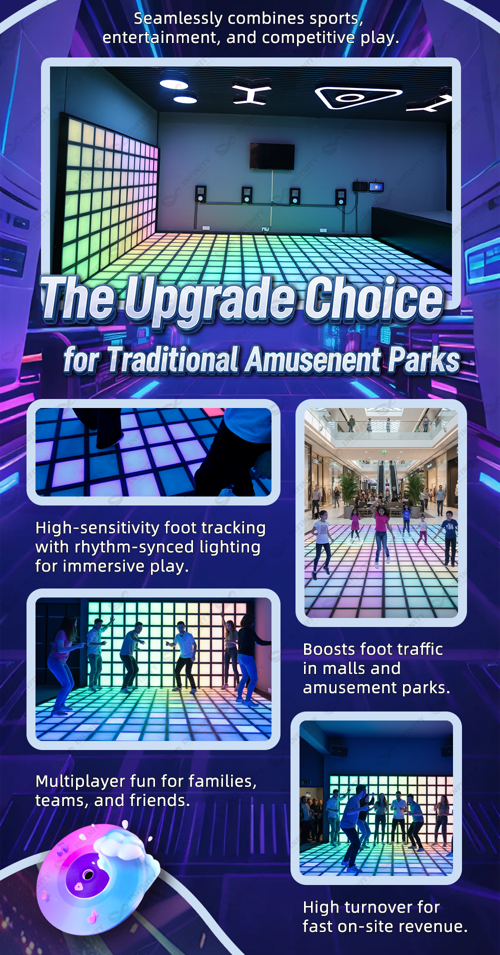 Infinity Grid LED Dance Floor Game, Interactive Light up Jumping Tiles for Party Room & Event Rental, Multiplayer Challenge Game