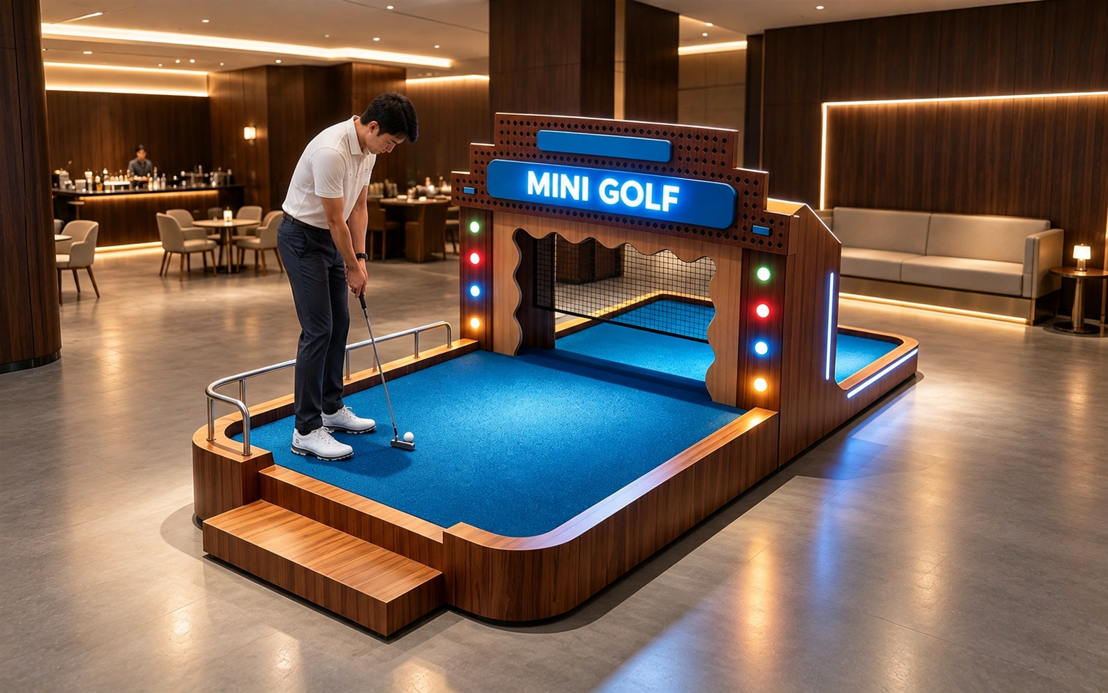 Treasure Hunt themed indoor mini golf hole with a lit entrance and target