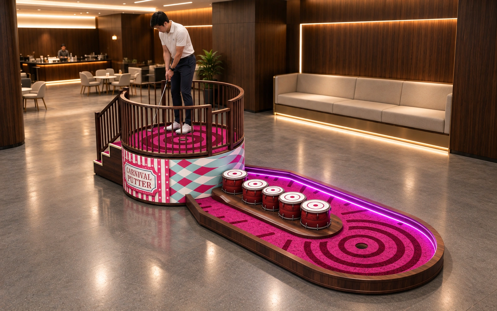 Colorful Interstellar Crossing themed golf hole with distinctive carnival-style design