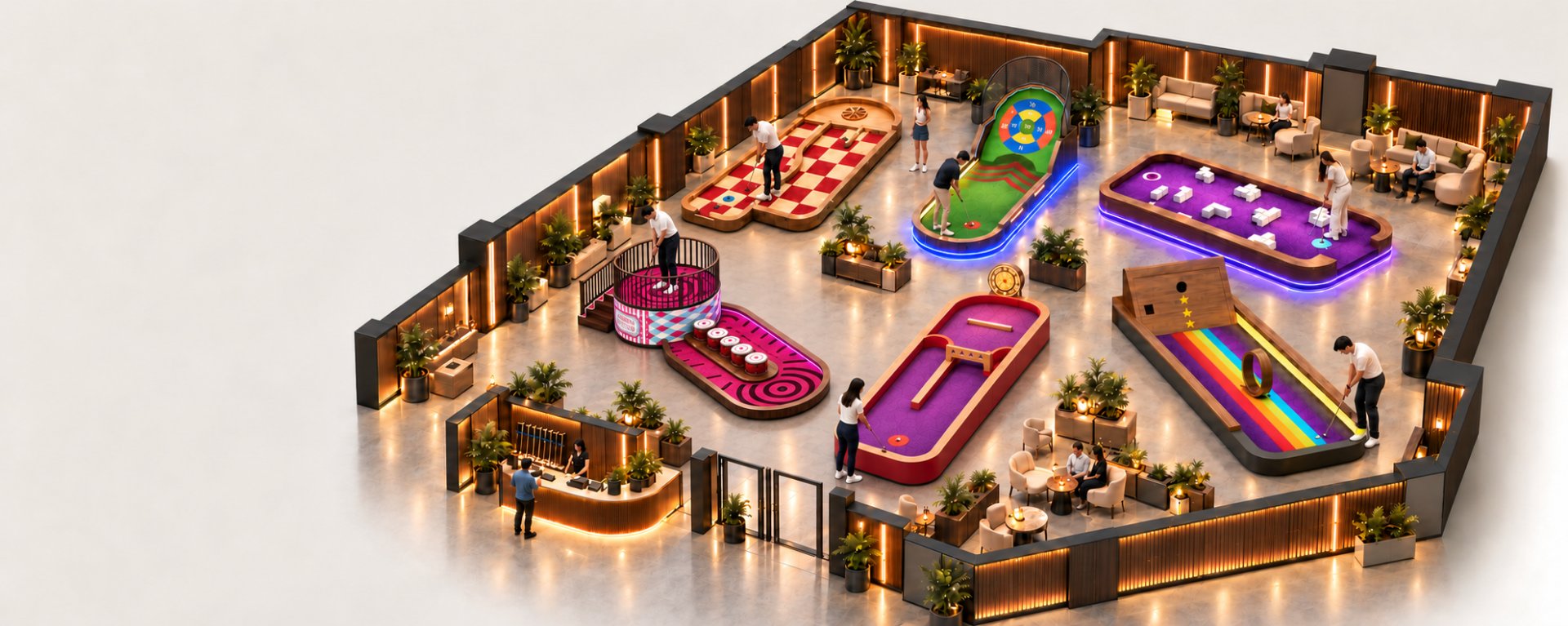 3D visualisation of a 300 m2 indoor mini golf venue concept with six themed holes and support spaces