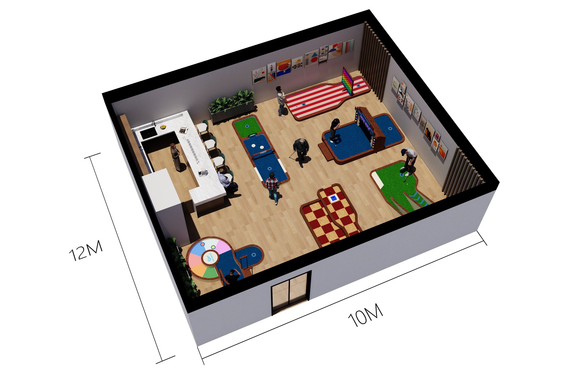 120 m&sup2; indoor mini golf course layout