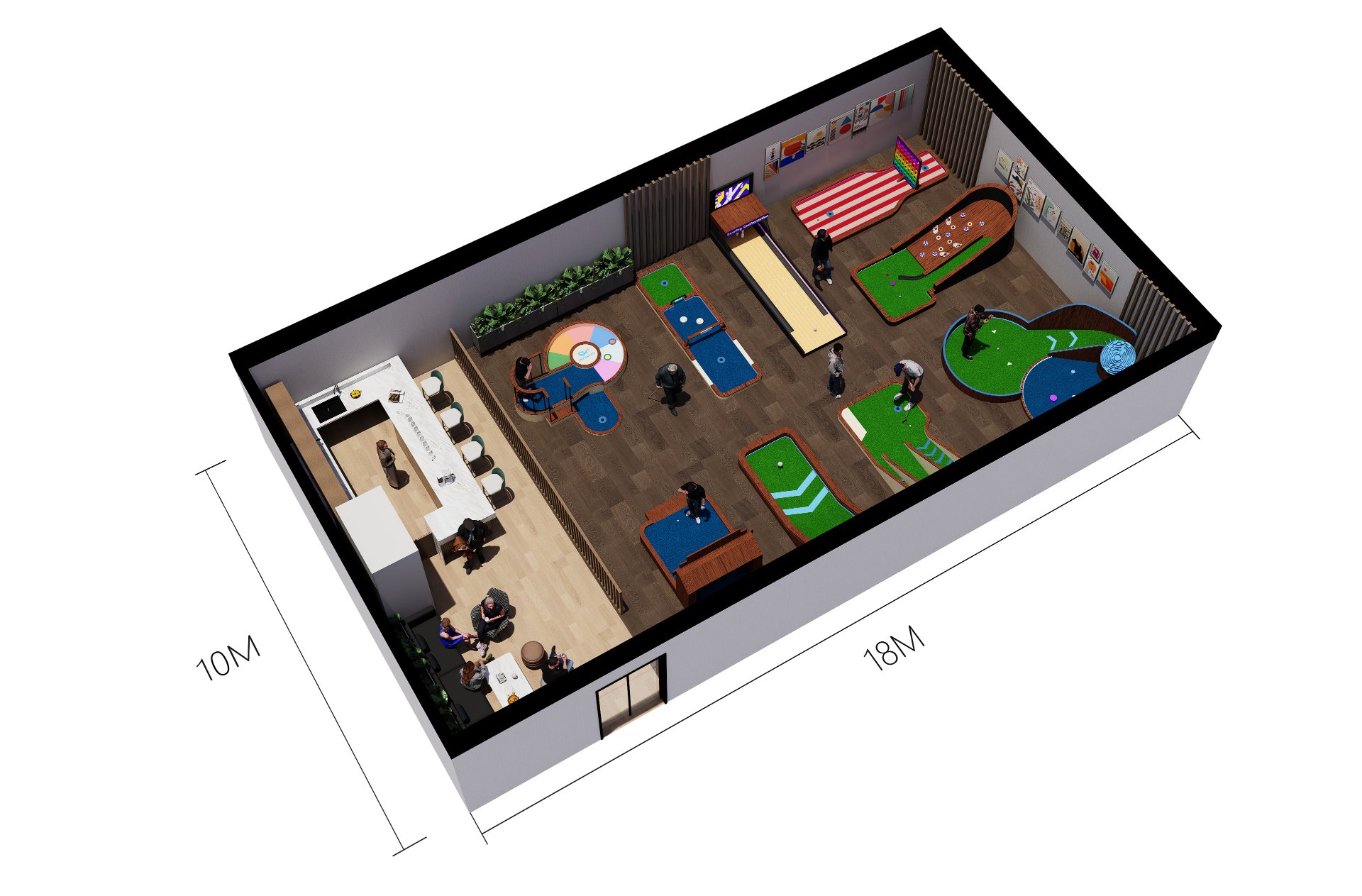 180 m&sup2; indoor mini golf course layout