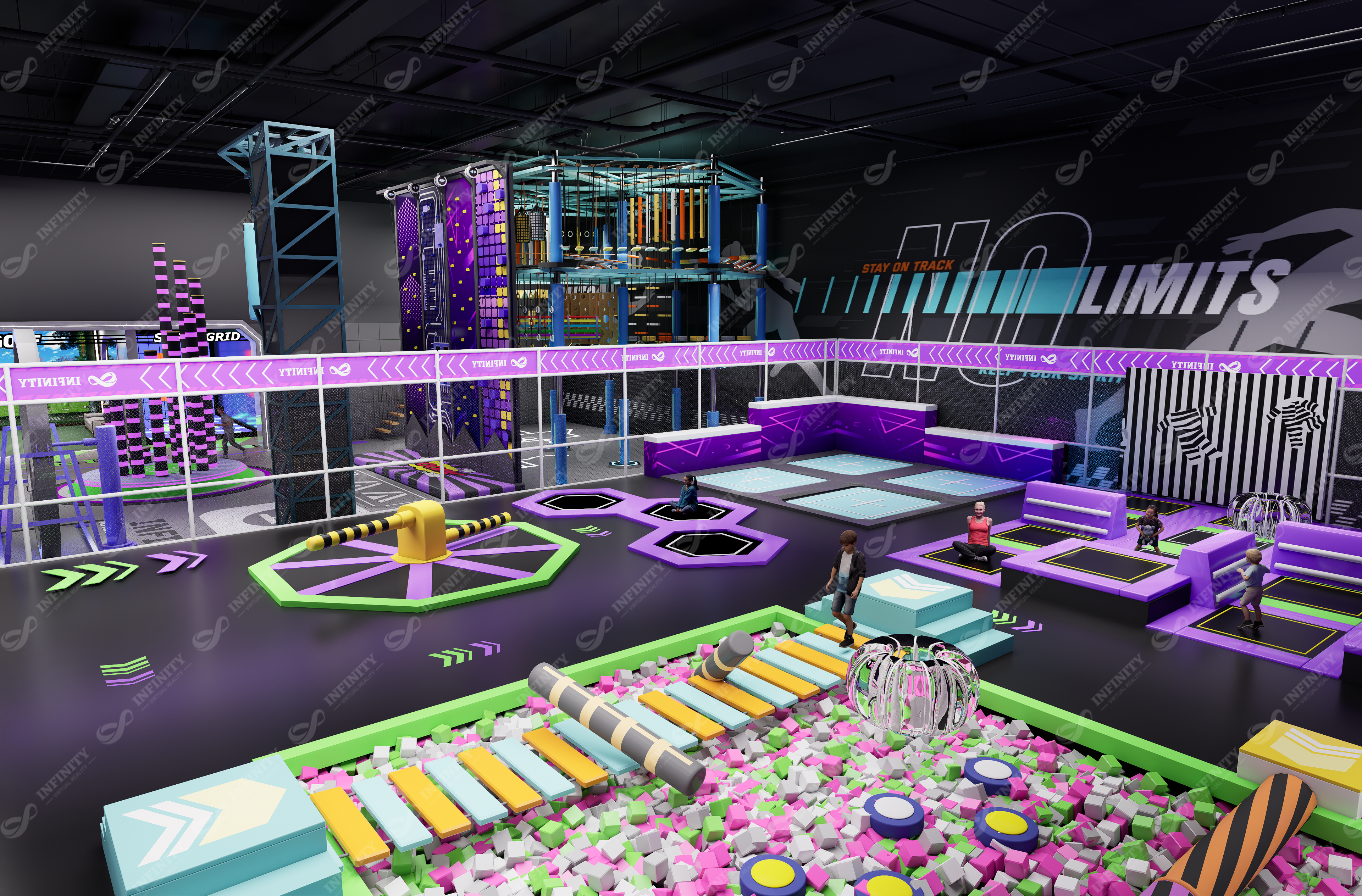 Spain active sports overview concept with foam-pit obstacles, trampoline and climbing structures