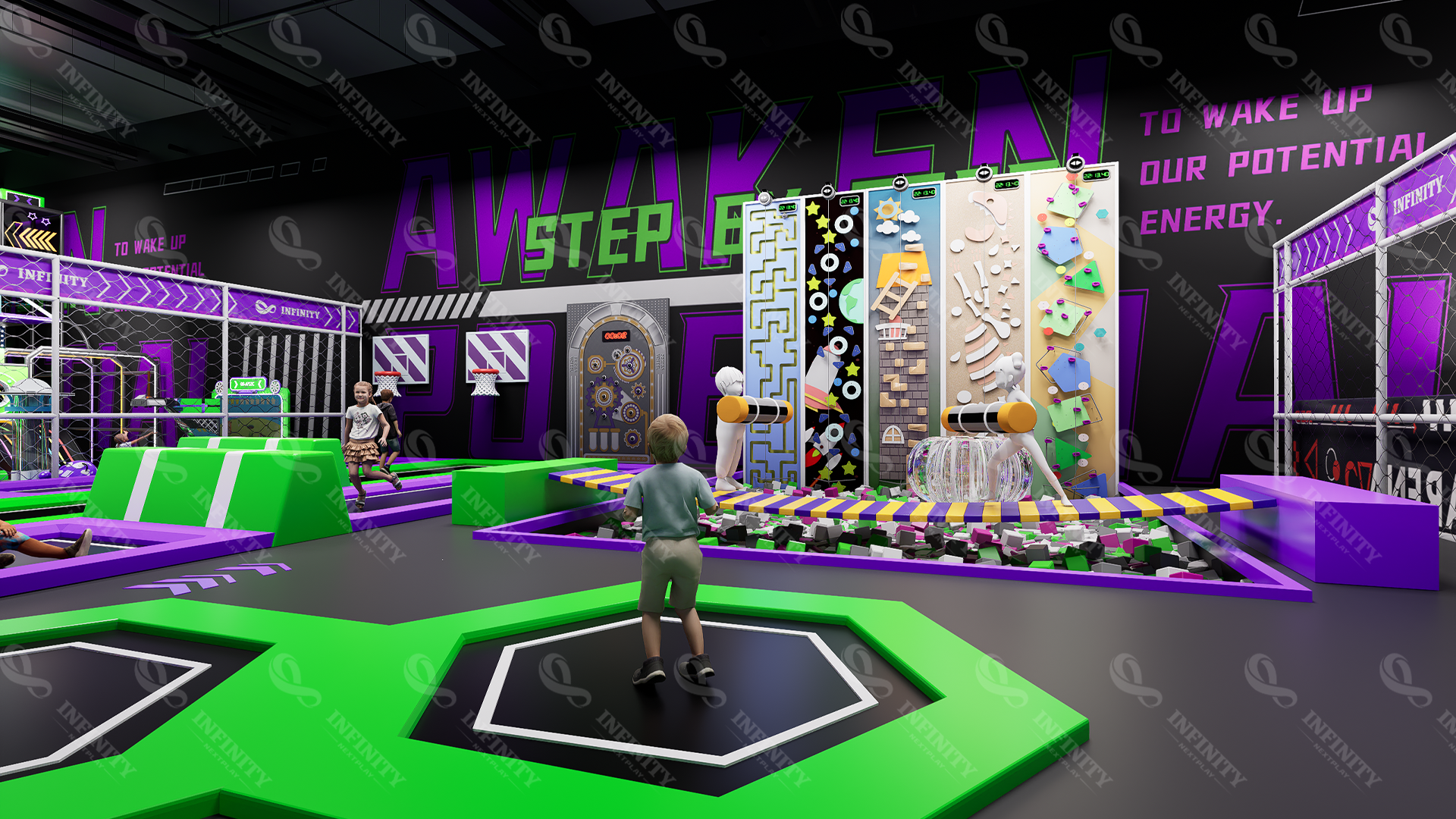 Australia active sports concept with trampoline surfaces, climbing panels and foam-pit features