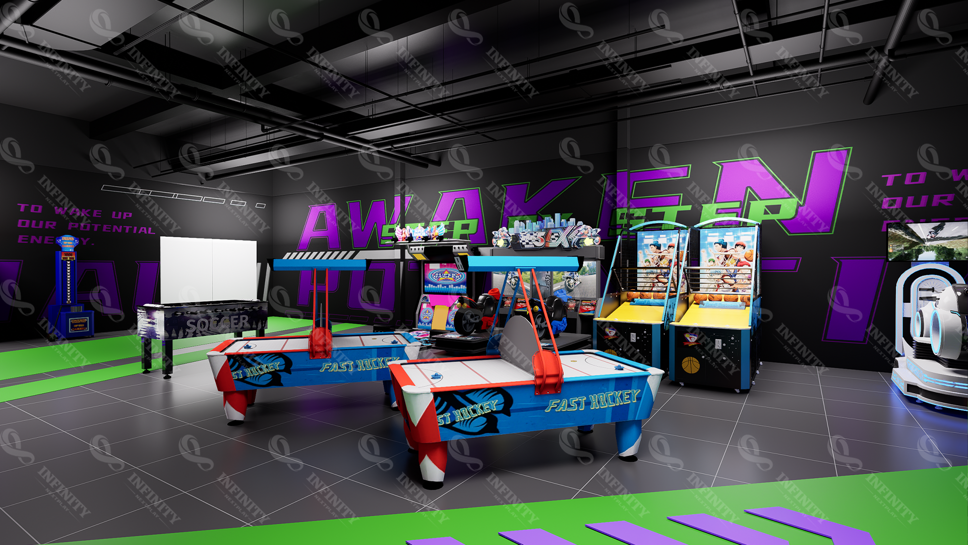 Australia arcade sports games concept with air hockey, basketball cabinets and table football
