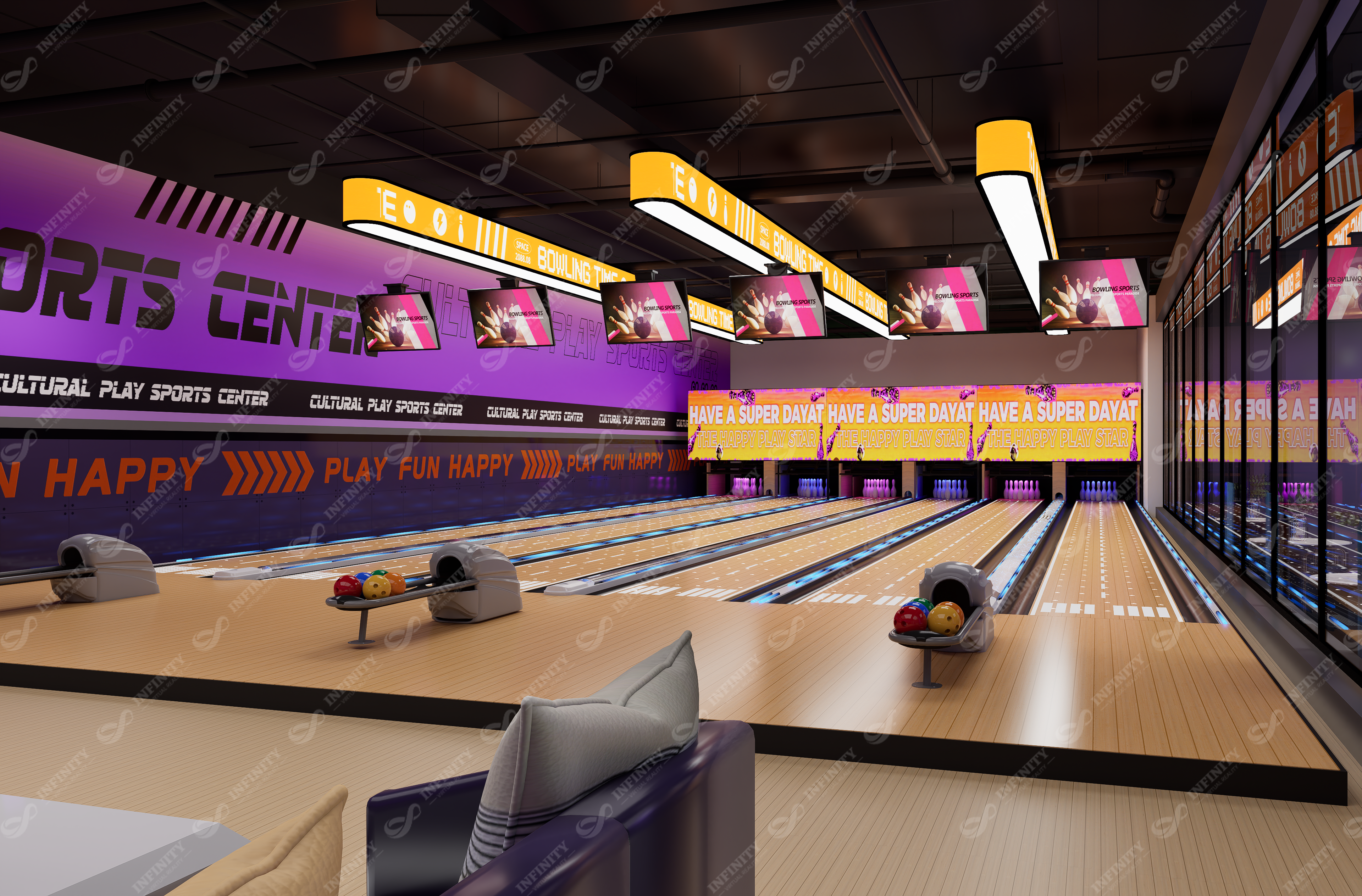 Spain bowling entertainment concept with lanes, scoring screens and player seating