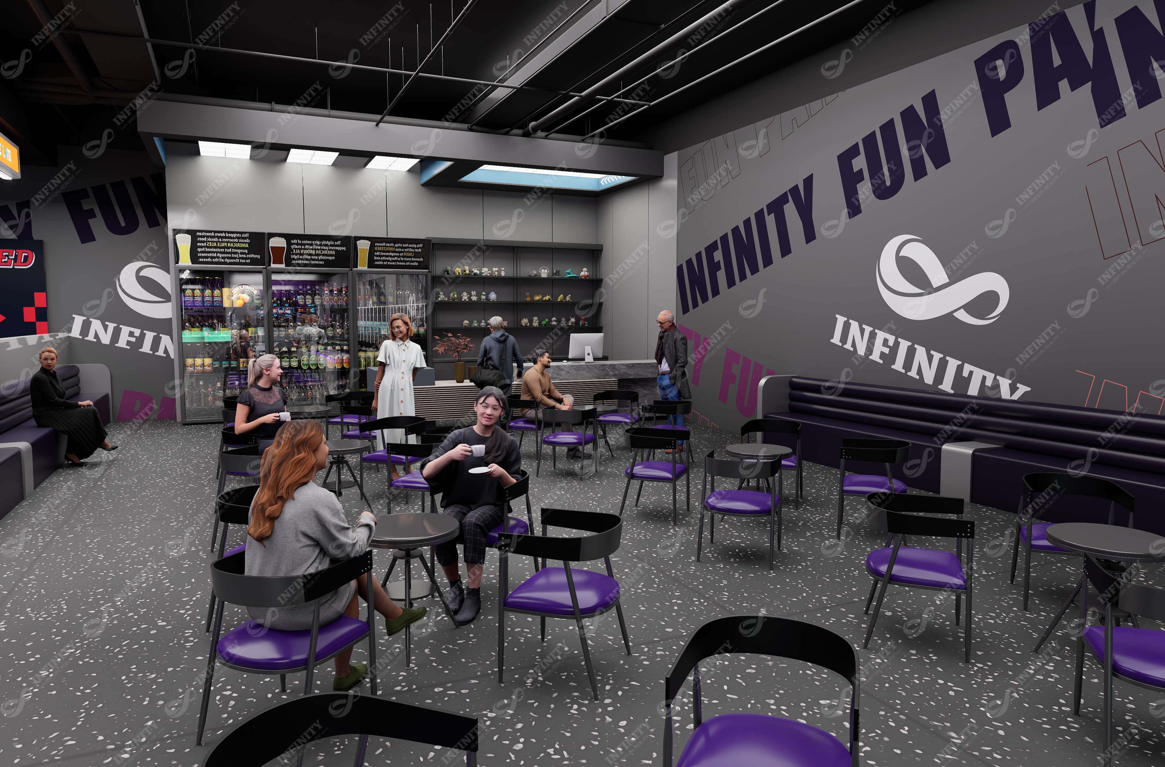 Spain NextPlay café and social area concept with tables, seating and service counter
