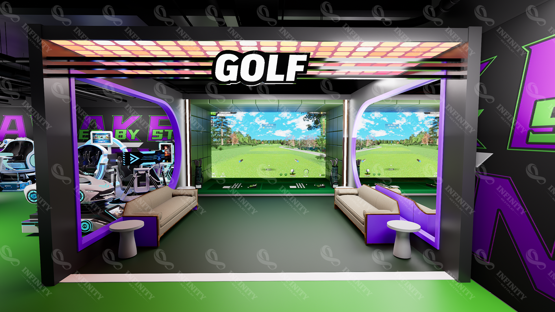 Australia indoor golf simulator concept with virtual course screen and spectator seating
