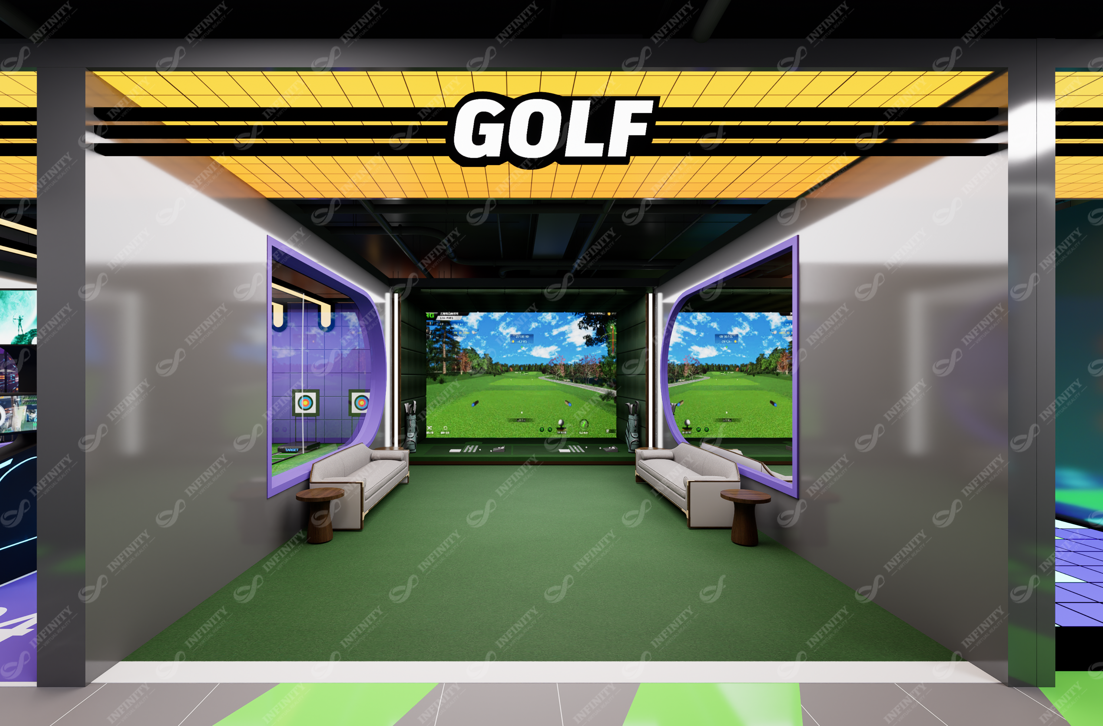 Spain indoor golf simulator concept with virtual course screen and seating
