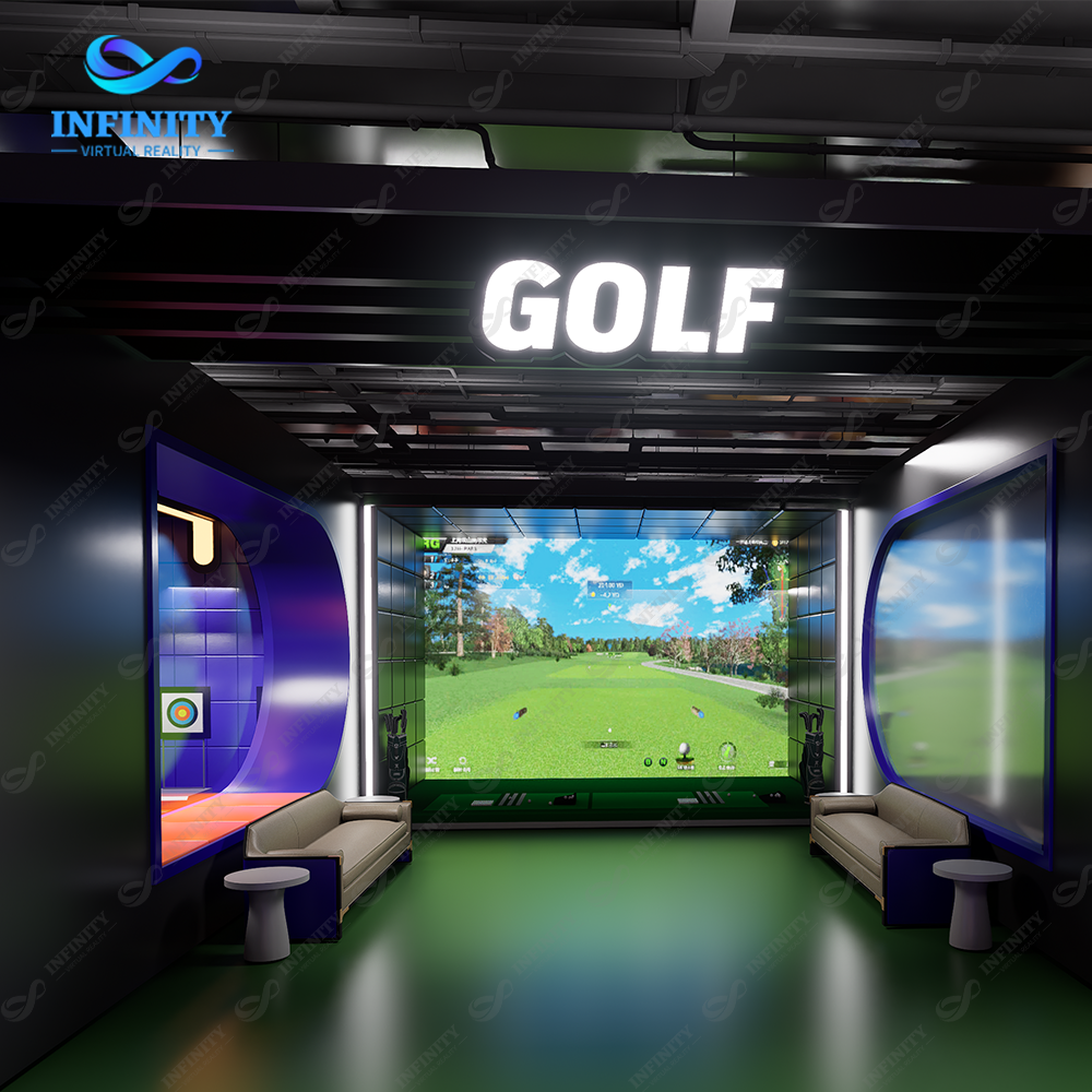 Germany indoor golf simulator concept with virtual course screen, hitting area and spectator seating