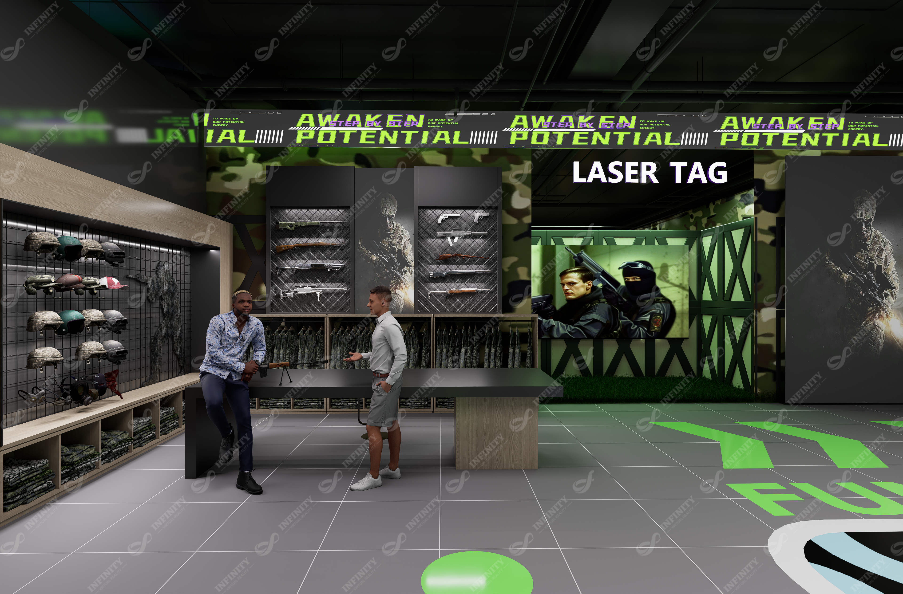 Spain laser tag concept entrance with themed equipment preparation area