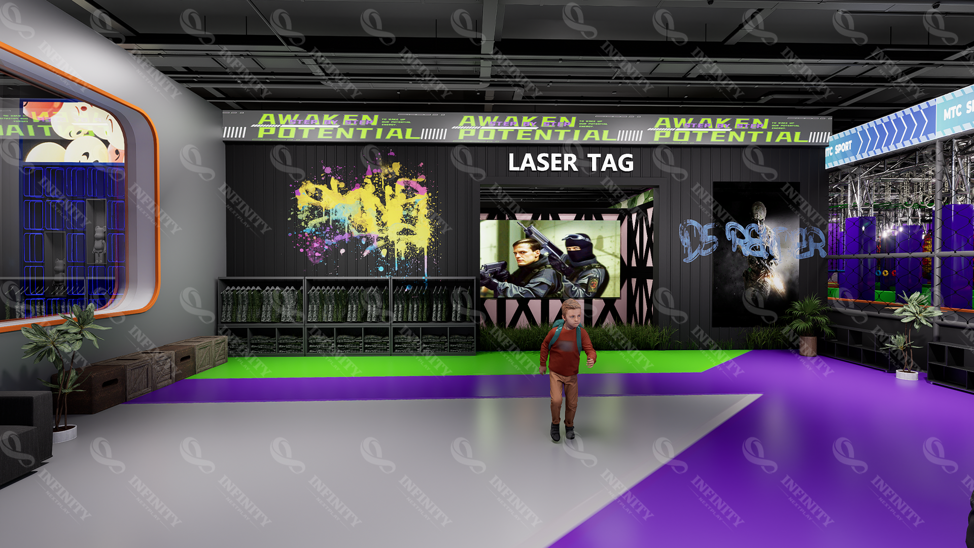 Entrada conceptual de laser tag en Ruman&iacute;a con se&ntilde;alizaci&oacute;n tem&aacute;tica y zona de preparaci&oacute;n del equipamiento