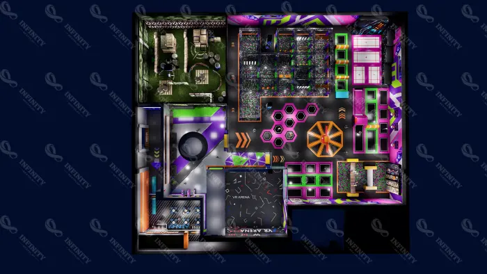 Concepto de diseño 3D de un centro de realidad virtual y deportes digitales de 1.677 m² en Rumanía