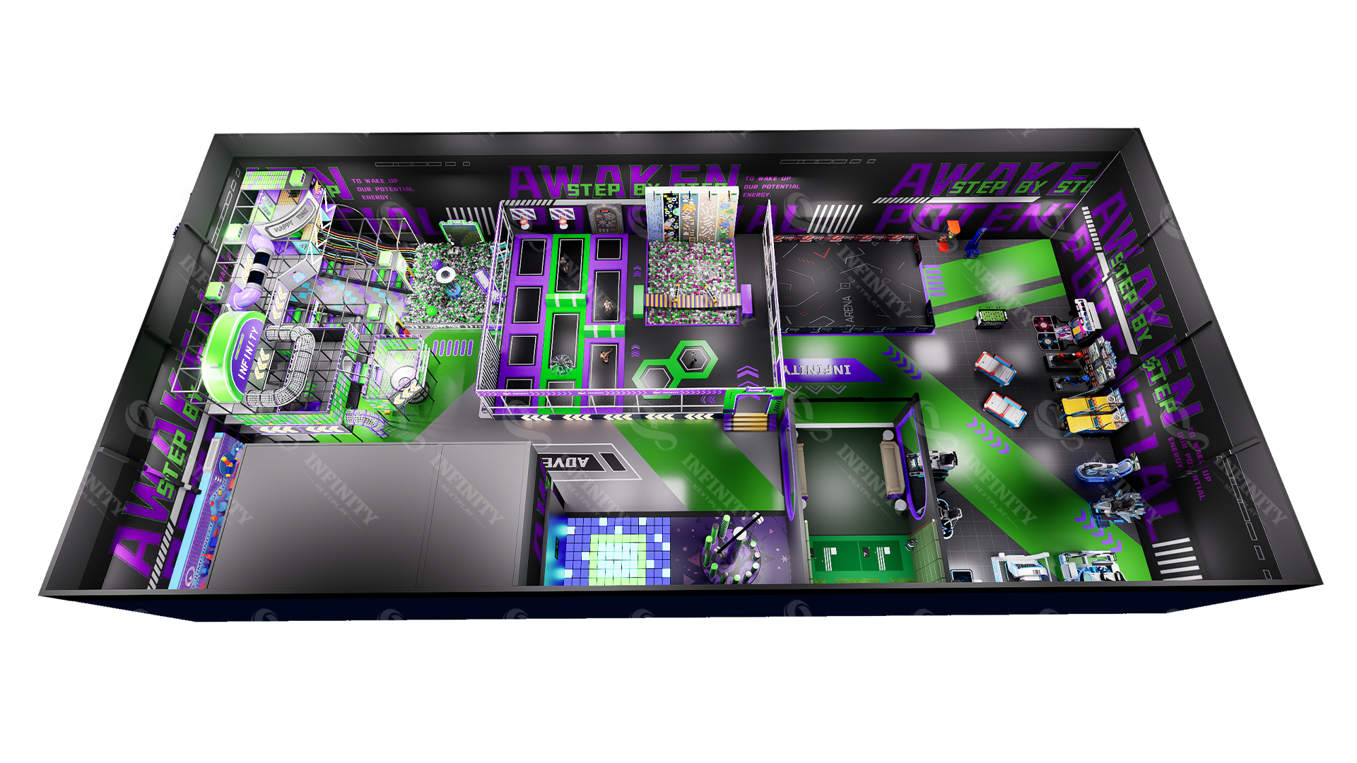 Australia indoor sports and VR adventure park 3D layout concept with active play, VR arena, golf and arcade areas