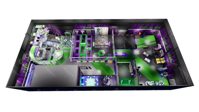 Concepto de diseño 3D de un parque indoor de deportes y aventuras VR de 800 m² en Australia