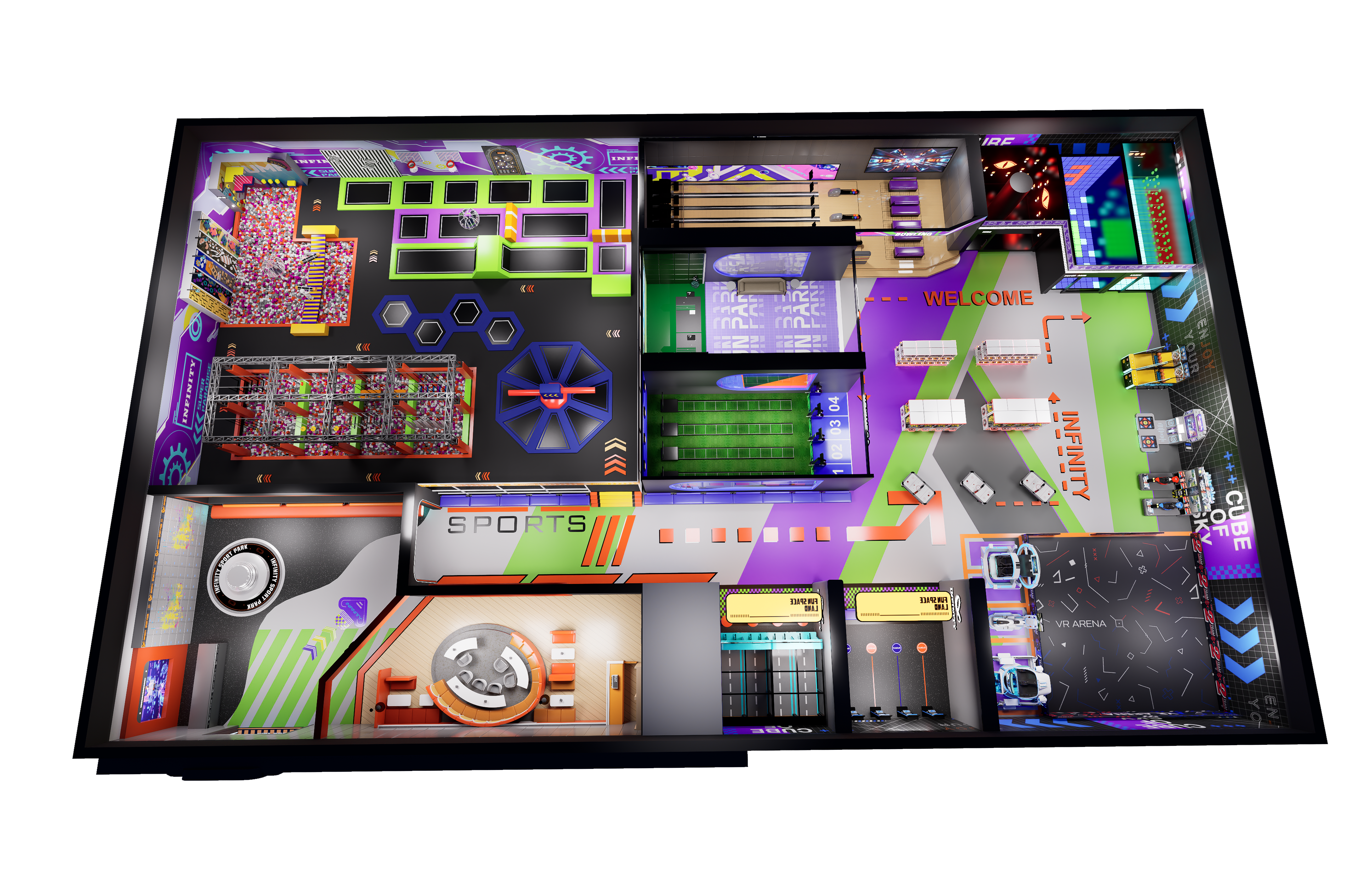 Germany multi-activity entertainment center 3D layout concept with bowling, VR, trampoline and target game zones